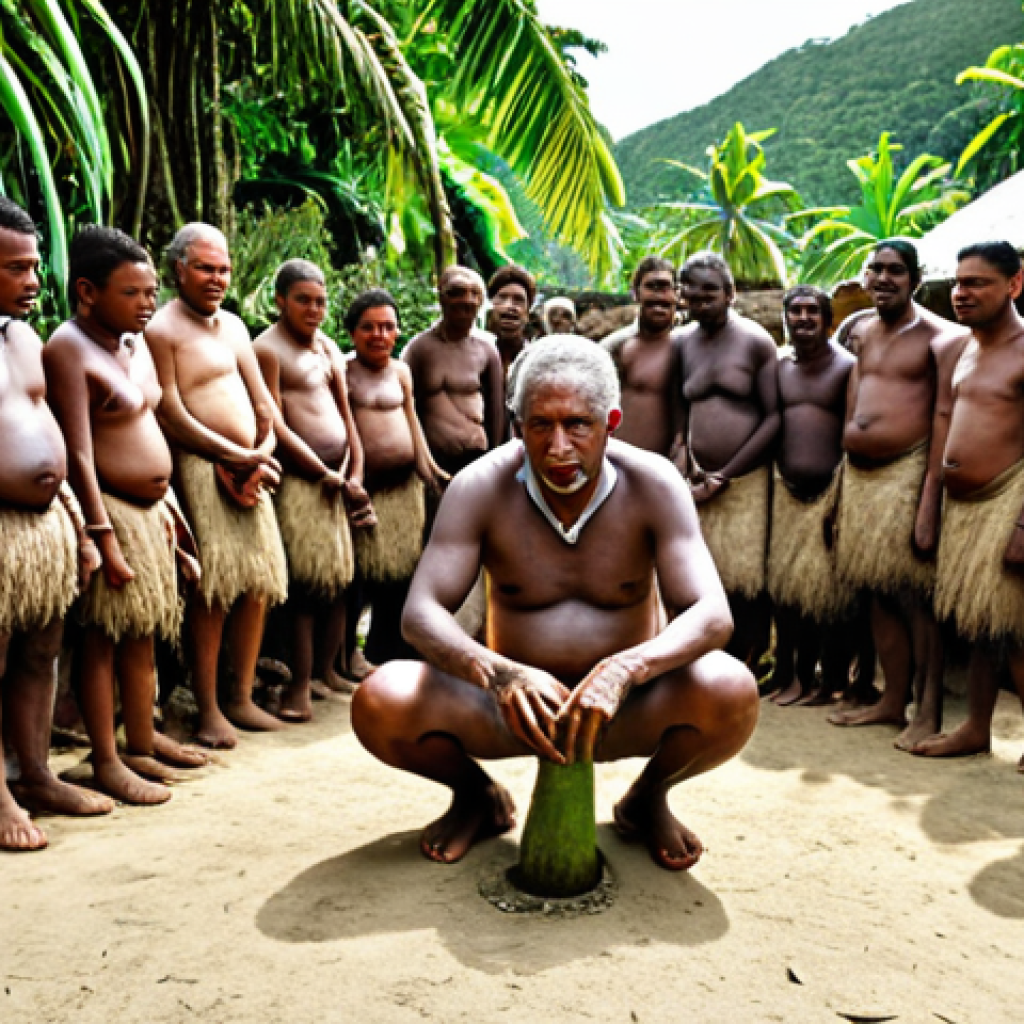 ** A village elder in Vanuatu performing a Kava ceremony, surrounded by villagers. Focus on the reverence and respect for ancestral spirits, creating a scene that evokes a sense of deep tradition and spiritual connection. The setting should be a lush, tropical environment.

**