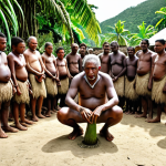 ** A village elder in Vanuatu performing a Kava ceremony, surrounded by villagers. Focus on the reverence and respect for ancestral spirits, creating a scene that evokes a sense of deep tradition and spiritual connection. The setting should be a lush, tropical environment.

**