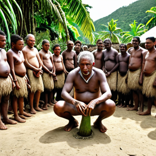 Home 19 ** A village elder in Vanuatu performing a Kava ceremony, surrounded by villagers. Focus on the reverence and respect for ancestral spirits, creating a scene that evokes a sense of deep tradition and spiritual connection. The setting should be a lush, tropical environment.
**