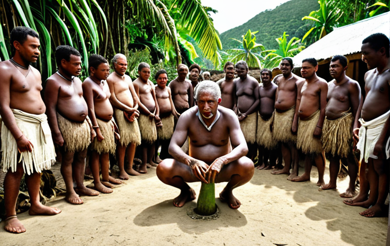 ** A village elder in Vanuatu performing a Kava ceremony, surrounded by villagers. Focus on the reverence and respect for ancestral spirits, creating a scene that evokes a sense of deep tradition and spiritual connection. The setting should be a lush, tropical environment.
**