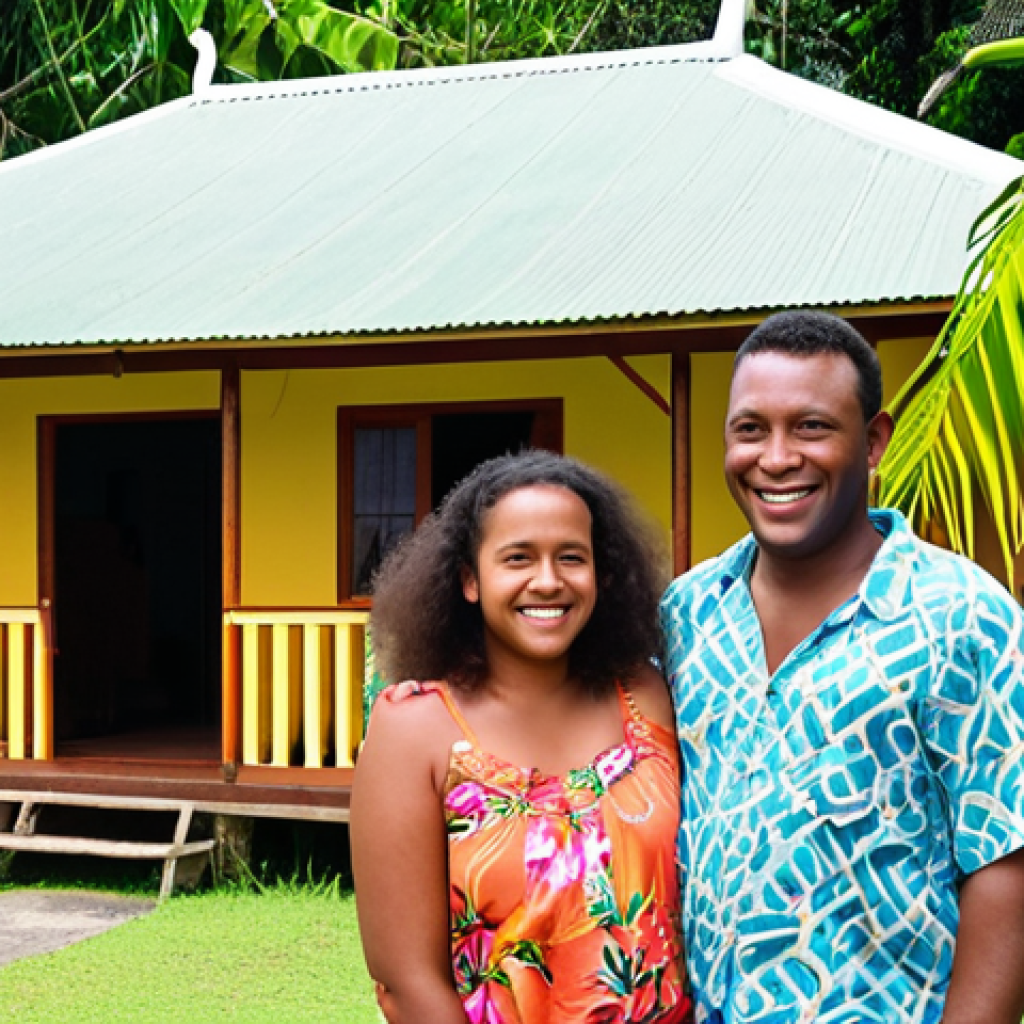 **Image Prompt:** A vibrant scene in Port Vila, Vanuatu, showcasing a friendly interaction between a European hotel management graduate and a local ni-Vanuatu family running a small guesthouse. The graduate is smiling, listening attentively to the family, set against a backdrop of a lush tropical garden and traditional bungalows. Emphasize the cross-cultural exchange and the welcoming atmosphere.