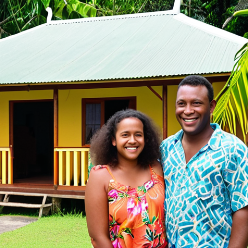 Home 18 **Image Prompt:** A vibrant scene in Port Vila, Vanuatu, showcasing a friendly interaction between a European hotel management graduate and a local ni-Vanuatu family running a small guesthouse. The graduate is smiling, listening attentively to the family, set against a backdrop of a lush tropical garden and traditional bungalows. Emphasize the cross-cultural exchange and the welcoming atmosphere.