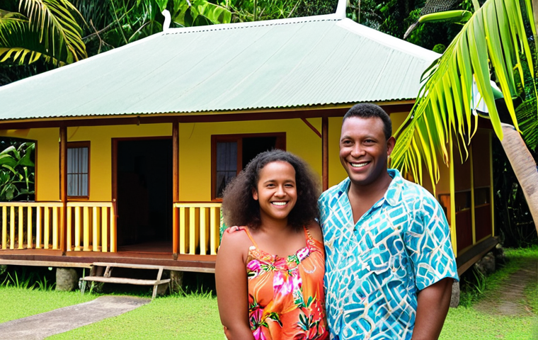 **Image Prompt:** A vibrant scene in Port Vila, Vanuatu, showcasing a friendly interaction between a European hotel management graduate and a local ni-Vanuatu family running a small guesthouse. The graduate is smiling, listening attentively to the family, set against a backdrop of a lush tropical garden and traditional bungalows. Emphasize the cross-cultural exchange and the welcoming atmosphere.