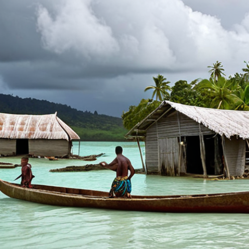 Home 17 **
Prompt: A dramatic, eye-level shot of a coastal village in Vanuatu being inundated by rising sea levels. Dilapidated houses are partially submerged, with concerned villagers wading through the water, carrying belongings. A traditional outrigger canoe is visible. The sky is overcast and stormy. Emphasize the vulnerability and the immediate threat of climate change. Style: Photojournalistic, realistic.
**