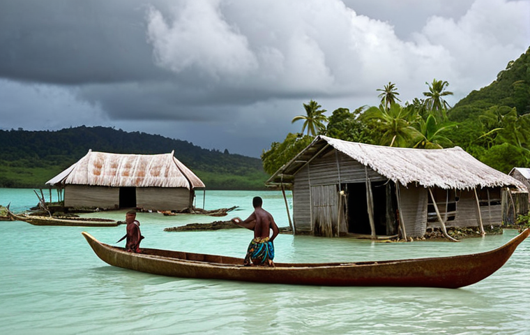 **
Prompt: A dramatic, eye-level shot of a coastal village in Vanuatu being inundated by rising sea levels. Dilapidated houses are partially submerged, with concerned villagers wading through the water, carrying belongings. A traditional outrigger canoe is visible. The sky is overcast and stormy. Emphasize the vulnerability and the immediate threat of climate change. Style: Photojournalistic, realistic.
**