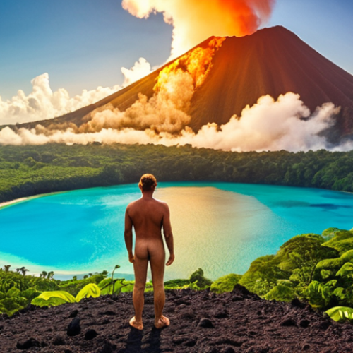 Home 8 **Prompt 1: Vanuatu Adventure & Natural Wonders**
A wide shot capturing the majestic beauty of Vanuatu. In the foreground, a male or female traveler, aged around 30-40, stands on a volcanic ash plain or lush hillside, looking towards a vibrant, azure lagoon. In the mid-ground, an active volcano, subtly emitting steam or glowing red at its crater, dominates the skyline under a clear, tropical sky. The scene is bathed in warm, golden light, emphasizing the pristine nature and the spirit of safe, awe-inspiring adventure. Lush green foliage frames the edges of the image. Realistic style, highly detailed.