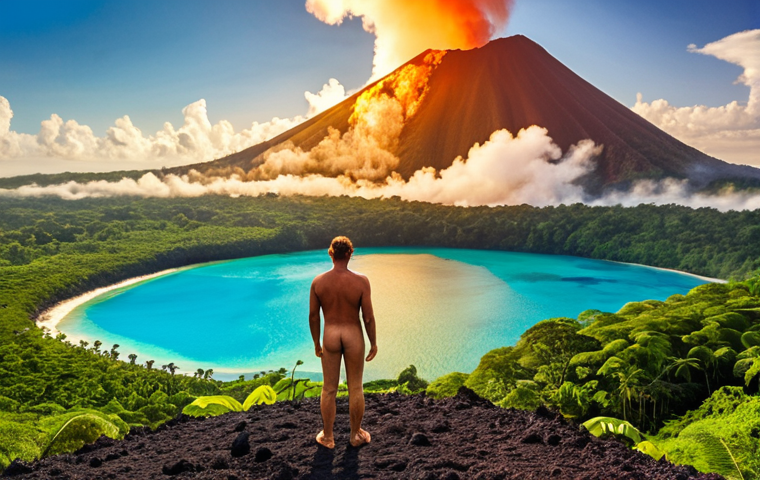 **Prompt 1: Vanuatu Adventure & Natural Wonders**
A wide shot capturing the majestic beauty of Vanuatu. In the foreground, a male or female traveler, aged around 30-40, stands on a volcanic ash plain or lush hillside, looking towards a vibrant, azure lagoon. In the mid-ground, an active volcano, subtly emitting steam or glowing red at its crater, dominates the skyline under a clear, tropical sky. The scene is bathed in warm, golden light, emphasizing the pristine nature and the spirit of safe, awe-inspiring adventure. Lush green foliage frames the edges of the image. Realistic style, highly detailed.
