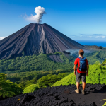 Vanuatu - Volcanic Adventure**

"A fully clothed hiker stands near the rim of an active volcano in Vanuatu, observing the lava flow at a safe distance, appropriate attire, safe for work, landscape view, perfect anatomy, natural proportions, professional photography, high quality, active volcano in background, lush green environment surrounding the volcano, daylight, clear sky."

**