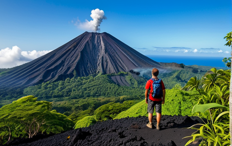 Vanuatu - Volcanic Adventure**
"A fully clothed hiker stands near the rim of an active volcano in Vanuatu, observing the lava flow at a safe distance, appropriate attire, safe for work, landscape view, perfect anatomy, natural proportions, professional photography, high quality, active volcano in background, lush green environment surrounding the volcano, daylight, clear sky."
**