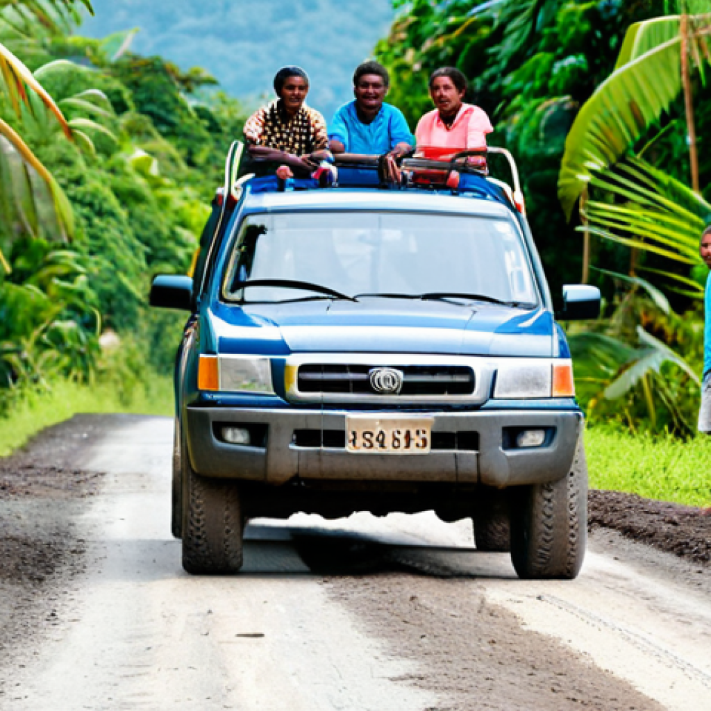 **

"A family-friendly scene showcasing a sturdy 4x4 vehicle driving on a rural road in Vanuatu, surrounded by lush tropical vegetation. The road is partially unpaved with some potholes. In the background, local children are waving from a safe distance.  The vehicle is fully clothed with tourists. safe for work, appropriate content, professional, modest, perfect anatomy, correct proportions, natural pose, well-formed hands, proper finger count, natural body proportions, daylight, clear sky, vibrant colors."

**