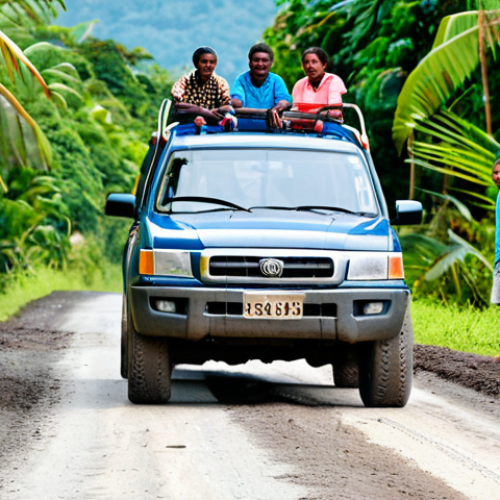 Home 25 **
"A family-friendly scene showcasing a sturdy 4x4 vehicle driving on a rural road in Vanuatu, surrounded by lush tropical vegetation. The road is partially unpaved with some potholes. In the background, local children are waving from a safe distance. The vehicle is fully clothed with tourists. safe for work, appropriate content, professional, modest, perfect anatomy, correct proportions, natural pose, well-formed hands, proper finger count, natural body proportions, daylight, clear sky, vibrant colors."
**