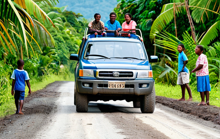 **
"A family-friendly scene showcasing a sturdy 4x4 vehicle driving on a rural road in Vanuatu, surrounded by lush tropical vegetation. The road is partially unpaved with some potholes. In the background, local children are waving from a safe distance. The vehicle is fully clothed with tourists. safe for work, appropriate content, professional, modest, perfect anatomy, correct proportions, natural pose, well-formed hands, proper finger count, natural body proportions, daylight, clear sky, vibrant colors."
**