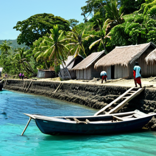 Home 12 Coastal Erosion & Adaptation**
"A resilient coastal village in Vanuatu, showing traditional houses adapted with stilts and seawalls. Lush tropical vegetation and clear blue ocean in the background. The villagers are engaged in community work, reinforcing the seawall. Fully clothed, appropriate attire, safe for work, perfect anatomy, natural proportions, professional photography, high quality, family-friendly, demonstrating coastal resilience."
**