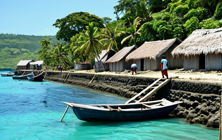Coastal Erosion & Adaptation**
"A resilient coastal village in Vanuatu, showing traditional houses adapted with stilts and seawalls. Lush tropical vegetation and clear blue ocean in the background. The villagers are engaged in community work, reinforcing the seawall. Fully clothed, appropriate attire, safe for work, perfect anatomy, natural proportions, professional photography, high quality, family-friendly, demonstrating coastal resilience."
**