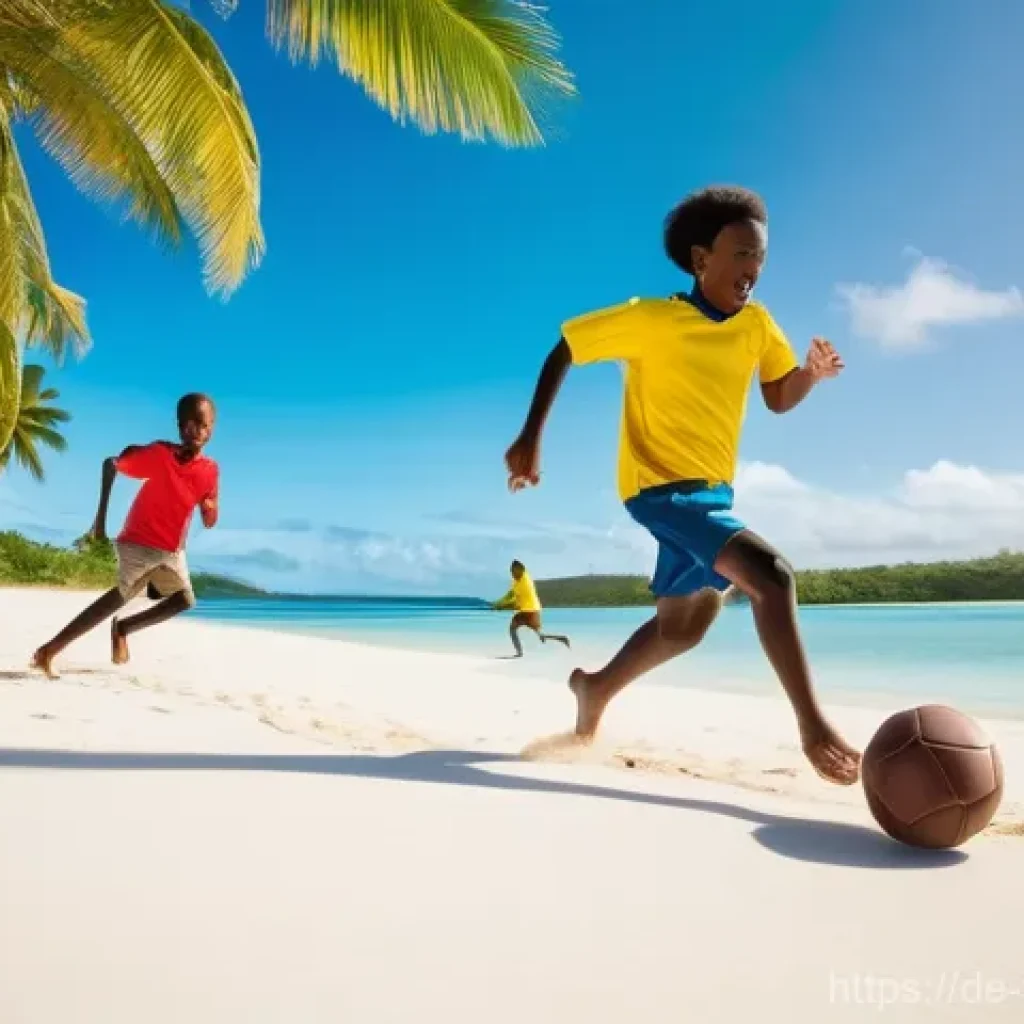 바누아투의 대표 스포츠 - **Prompt:** A dynamic scene of Ni-Vanuatu children and teenagers, both boys and girls, playing an en...