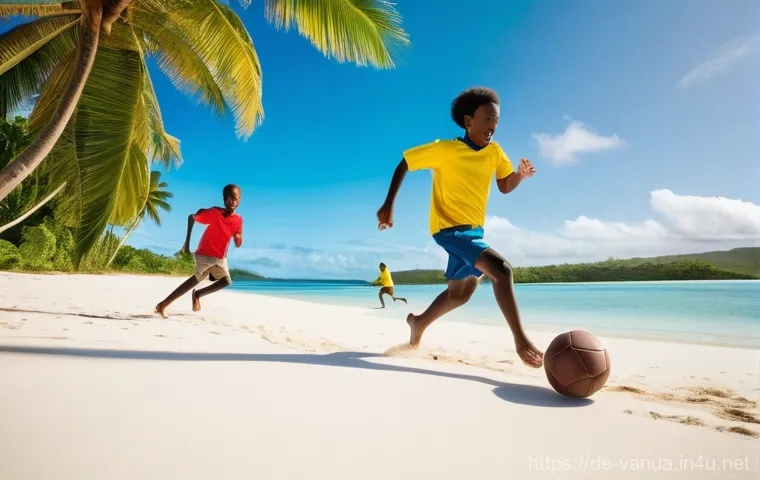 바누아투의 대표 스포츠 - **Prompt:** A dynamic scene of Ni-Vanuatu children and teenagers, both boys and girls, playing an en...