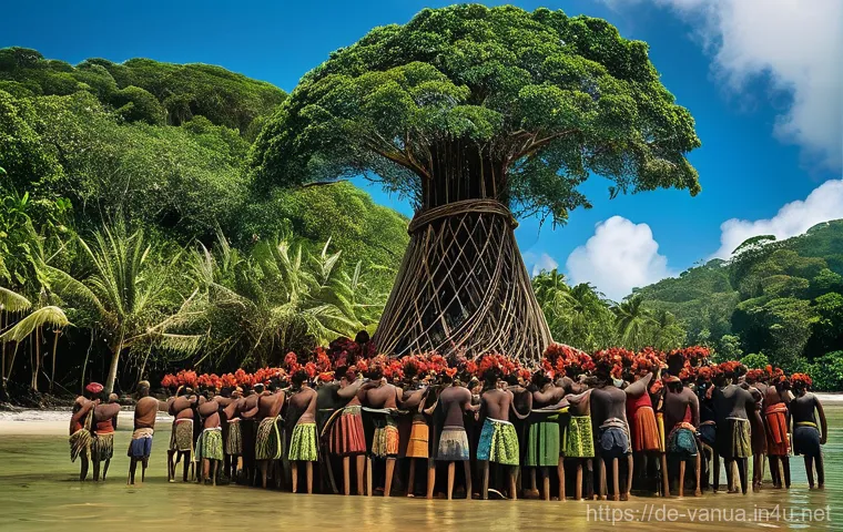 바누아투의 대표 스포츠 - **Prompt:** A dynamic scene of Ni-Vanuatu children and teenagers, both boys and girls, playing an en...