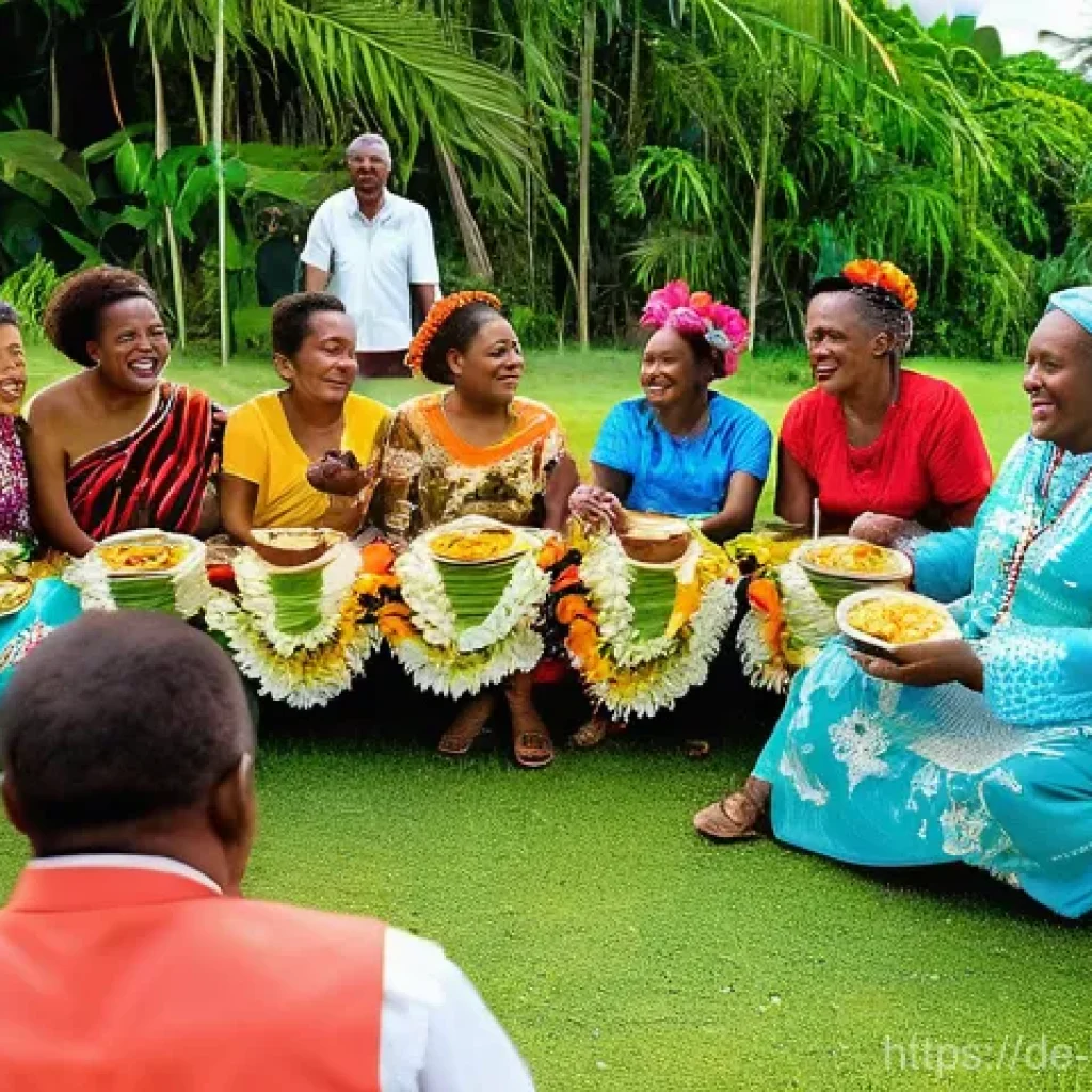 바누아투 결혼 문화 - **A Vibrant Vanuatu Wedding Feast:** A joyful and bustling outdoor scene depicting a multi-generatio...