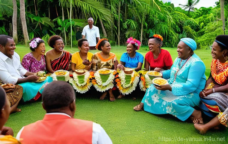 바누아투 결혼 문화 - **A Vibrant Vanuatu Wedding Feast:** A joyful and bustling outdoor scene depicting a multi-generatio...