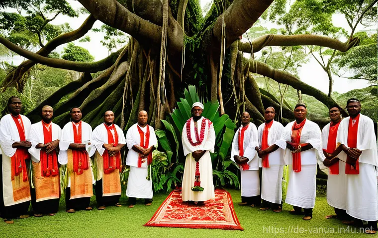 바누아투 결혼 문화 - **A Vibrant Vanuatu Wedding Feast:** A joyful and bustling outdoor scene depicting a multi-generatio...