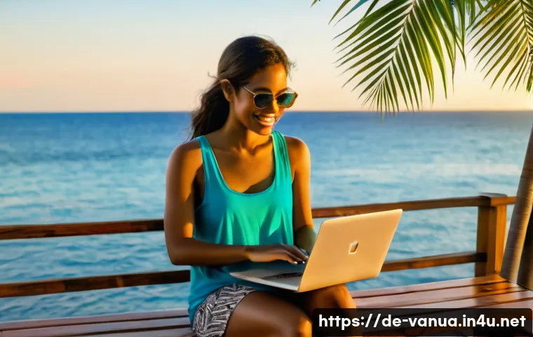 바누아투에서 한달 살기 - **Prompt:** A female digital nomad in her late 20s or early 30s, dressed in light, comfortable resor...