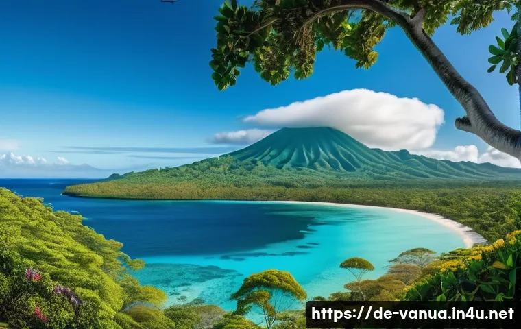 바누아투 휴양지 추천 - A vibrant tropical island scene showcasing Vanuatu&rsquo;s diverse natural beauty: lush, dense green rainf...