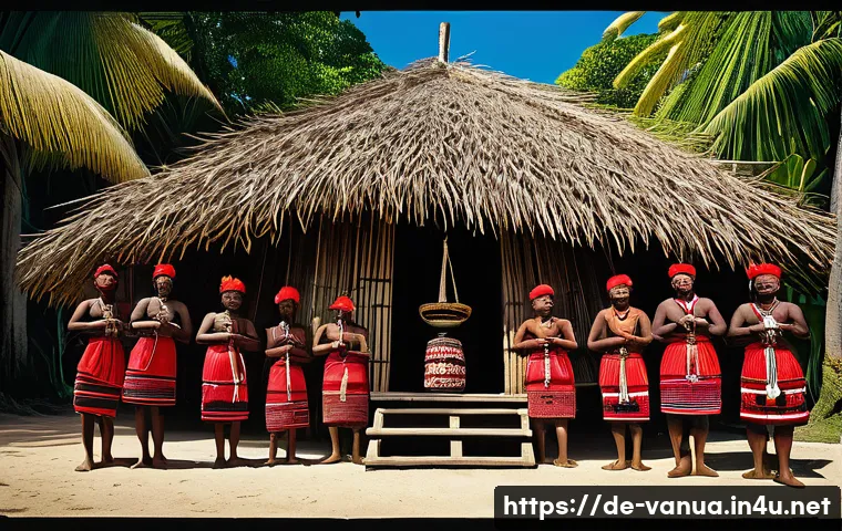 바누아투의 국가 상징 - A vibrant depiction of a traditional Vanuatu village ceremony featuring villagers dressed in intrica...