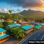 바누아투 부동산 투자 - A vibrant tropical island town in Vanuatu at sunset, featuring modern infrastructure like paved road...
