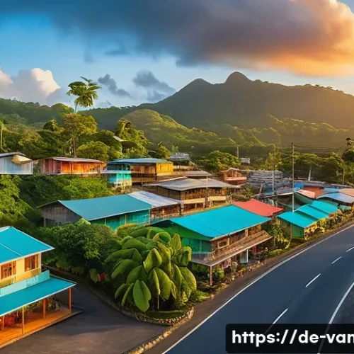 바누아투 부동산 투자 - A vibrant tropical island town in Vanuatu at sunset, featuring modern infrastructure like paved road...
