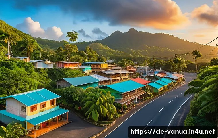 바누아투 부동산 투자 - A vibrant tropical island town in Vanuatu at sunset, featuring modern infrastructure like paved road...