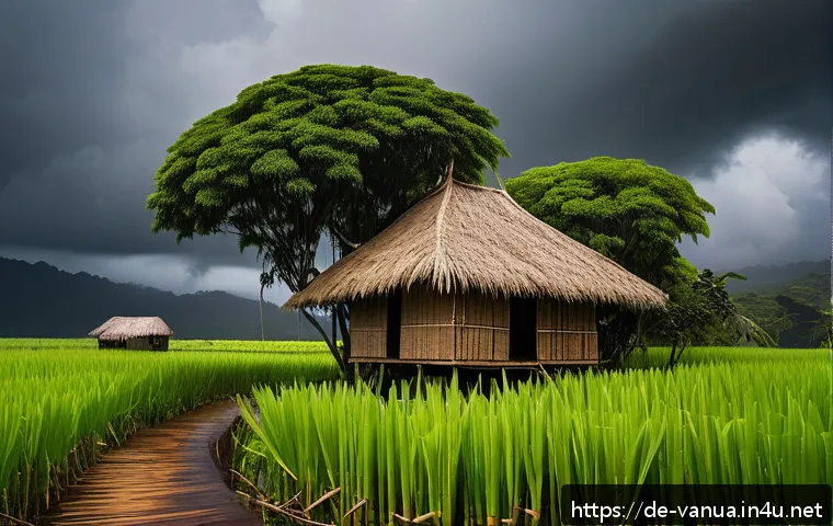 바누아투의 과거 자연재해 기록 - A traditional stilt house in rural Vanuatu standing resilient against a fierce tropical cyclone, con...