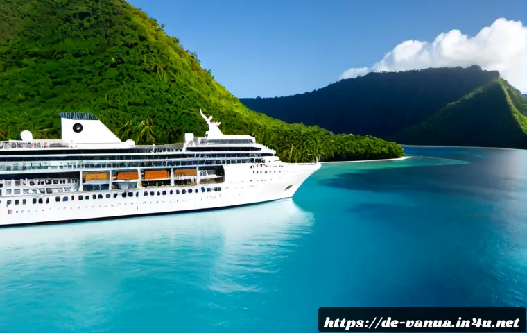 바누아투 크루즈 여행 - Photorealistic wide-angle view of a modern white cruise ship anchored in the turquoise lagoon of Van...